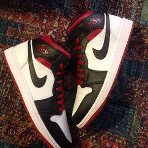 Air Jordan 1 Mid Men's Black, White & Red Leather Sneakers - 12 - New in Box